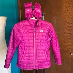 Girls reversible purple winter coat and gloves